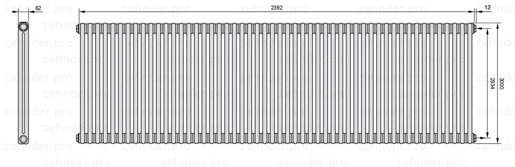 Схема (чертеж) Радиатор Zehnder Charleston 2300/52 №7610 Белый глянцевый RAL 9016